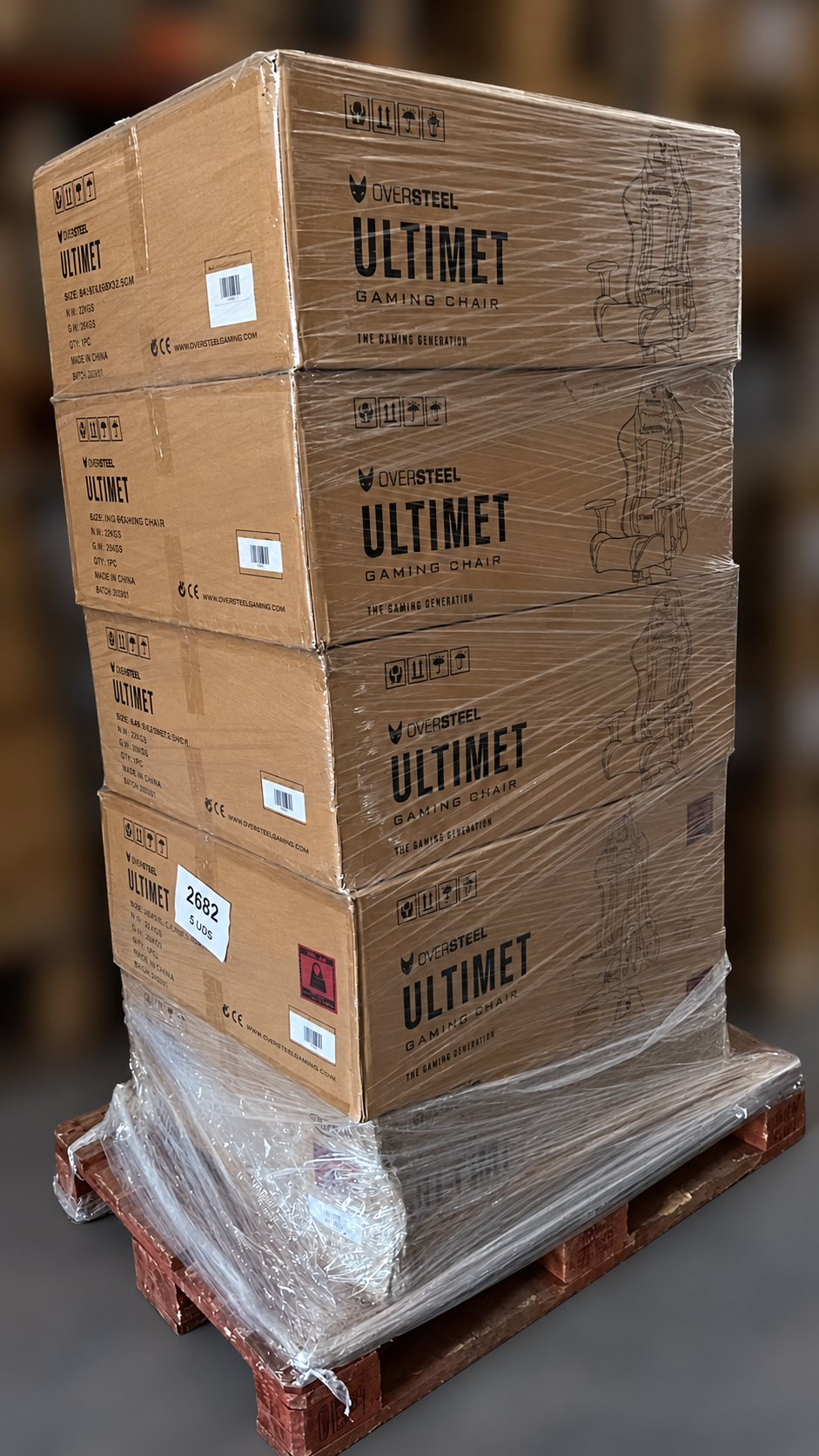 Palé de productos gaming. Imagen orientativa; consultar el listado real del producto.